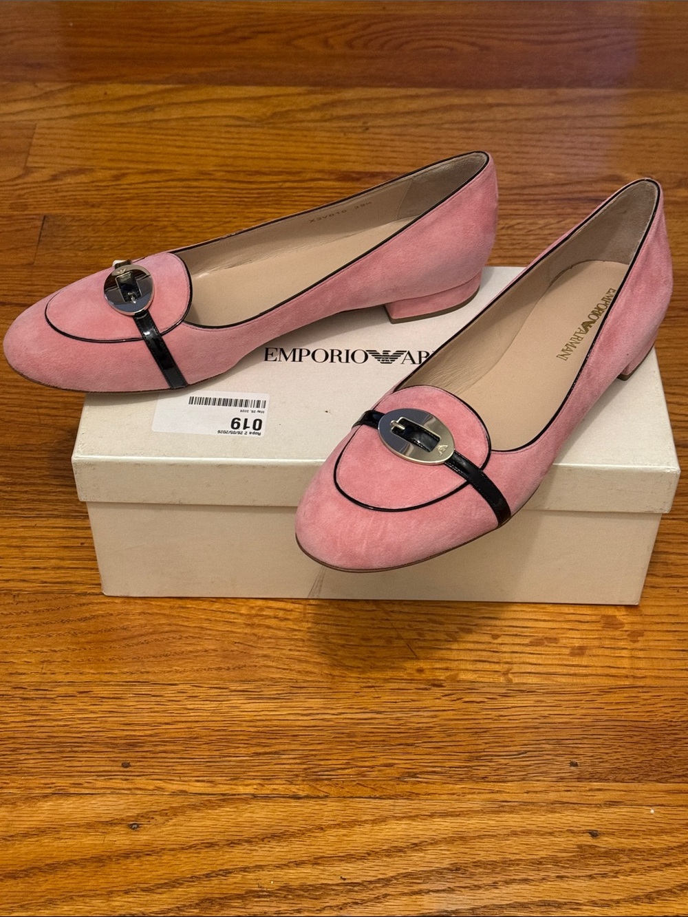 Emporio Armani Pink Suede Loafers with Black Trim & Silver Buckle - Picture 3 of 12